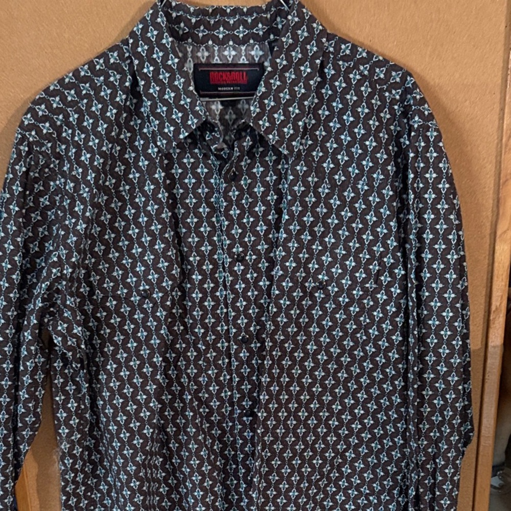 Rock & Roll Black Button-Down Shirt with Light Blue Pattern